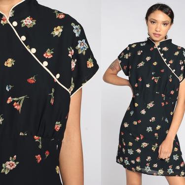 Asian Style Dress Black Floral Mini Dress Party Bohemian 90s Cheongsam Vintage Mandarin Collar Sheath Large L 