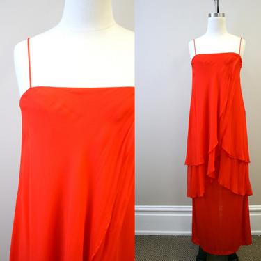 1970s Joy Stevens Red Chiffon Maxi Dress 