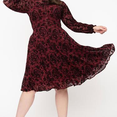 Unique Vintage Plus Size Burgundy La Catrina Velvet Burnout Leota Swing Dress