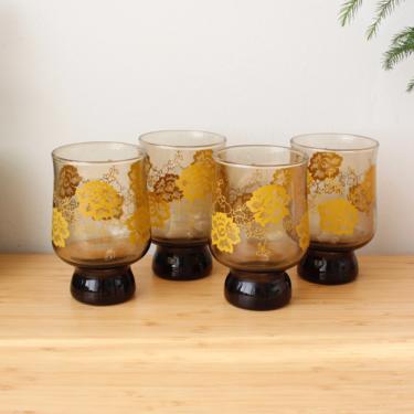 Vintage 1970s Floral Drinking Glasses - Brown Glass & Yellow Flowers - Set/4 