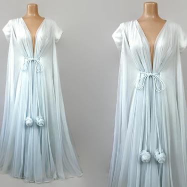 VINTAGE 60s RARE Claire Sandra by Lucie Ann Ice Blue Peignoir Dressing Gown Robe | 1960s Chiffon Full Sweep Pom-Pom Robe Bewitched | Size S 
