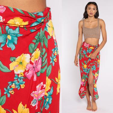 Tropical WRAP Skirt 90s Maxi Hawaiian Skirt Floral Print Red Summer Boho 1990s Vintage Hippie High Waisted Bohemian Small 