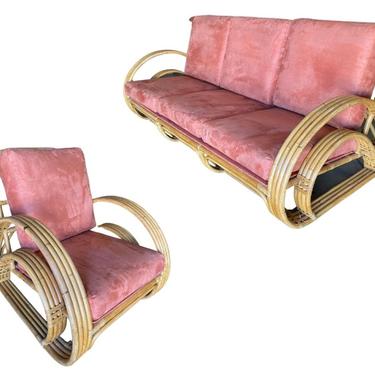 Restored &amp;quot;Double Tear Drop Arm&amp;quot; Rattan Lounge Chair &amp; Sofa Livingroom Set by Tochiku 