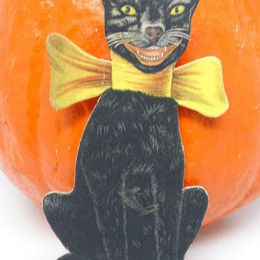 Antique 1940's Halloween Die Cut Black Cat with Bow, Vintage Retro Party Decor 