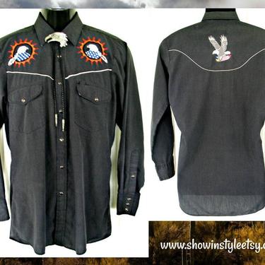 Rock Creek Ranch Vintage Retro Western Men's Cowboy &amp; Rodeo Shirt, Embroidered Blue and White Eagles, Tag Size Small (see meas. photo) 