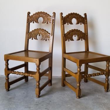 Charles II Style English Carved Oak Wood &quot;Backstool&quot; Accent Chairs - a Pair. 
