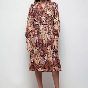 floral dress shirtwaist dress earth tone vintage 70s pleated botanical print brown MEDIUM M LARGE L 