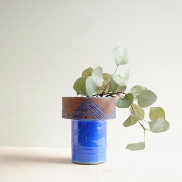 Vintage Cobalt Blue Ceramic Pedestal for Candles or Plants, Handmade Pedestal Pottery Bowl 6.5&amp;quot; Tall 