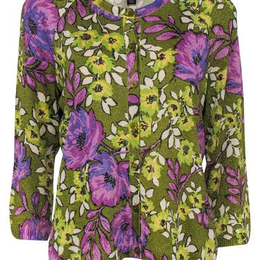 St. John - Purple &amp; Green Glittery Floral Knit Cardigan Sz M