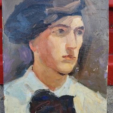Art Deco period oil on artist board handsome male artist portrait 