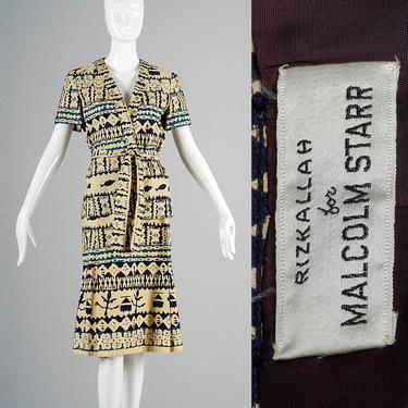 Malcolm Starr Skirt Suit 70s Designer Suit Casual Two Piece Skirt Suit Short Sleeve Suit Summer Wrap Ethnic Print Barkcloth Tunic Large 