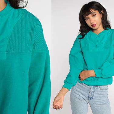 Turquoise Green Henley Sweatshirt Button Up Long Sleeve Shirt 1990s Plain Pullover Retro 1980s Nerd Geek Normcore Medium 