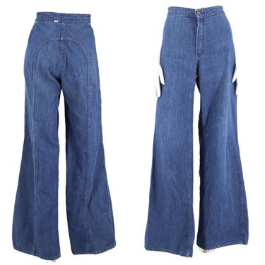 70s LOVE N STUFF saddle stitch high waist denim bell bottoms jeans 30  / vintage 1970s dark denim flares pants 8 