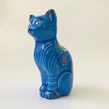 Vintage Blue Mexican Folk Art Pottery Cat Bank 