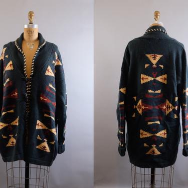 80s Aztec Wool Sweater Cardigan XL 