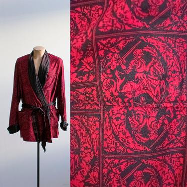 Vintage 1940s Smoking Jacket / Vintage Robe / 1940s Robe / Vintage Menswear / Madmen Style / Red and Black Silk Smoking Jacket / Red Robe 