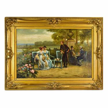 Antique Oil Painting French Empire Scene Soldier Courting Young Ladies sgd Jos. Lemaire 