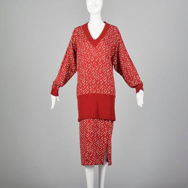 XXS Issey Miyake Plantation 1980s Red Top and Skirt Two Piece Set 