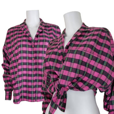 Vintage Pink Plaid Shirt, Medium / Oversized 80s Button Blouse / Pink &amp; Black Plaid Dolman Cut Cotton Shirt / 1980s Boho Hippie Festival Top 
