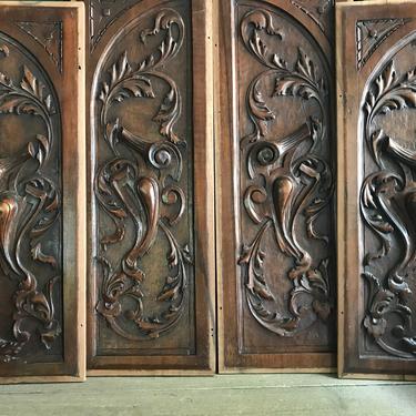 French Architectural Wood Panels, Scroll Acanthus Leaf, Carved Wood Relief, Set of 4, Cabinet Door, Wall Mount, Wall Art, Wood Molding 