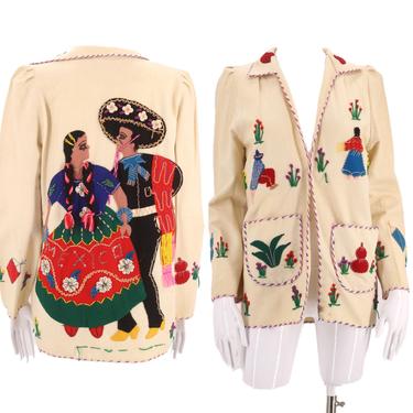 40s MEXICAN embroidered wool jacket / vintage 1940s 1950s appliquéd souvenir tourist jacket with figures MEXICO 