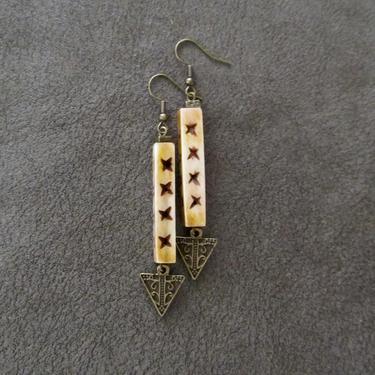 Long carved bone  earrings, Afrocentric dangle earrings, African earrings, bold statement earrings, unique earrings, cream and bronze 22 