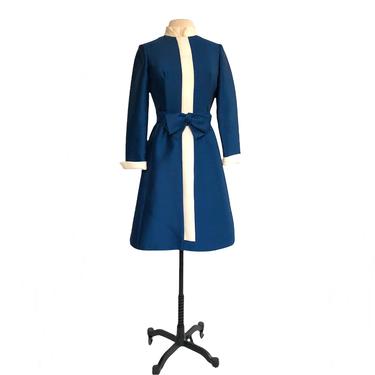 Vintage 60s royal blue & white alaskine coat dress with bow and pockets by Sandra Sage 