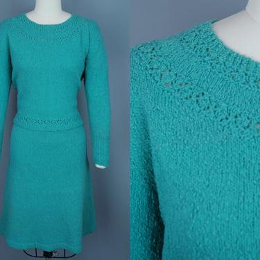 1950s Turquoise Knit Set | Vintage 50s 60s Sweater and Skirt | medium 