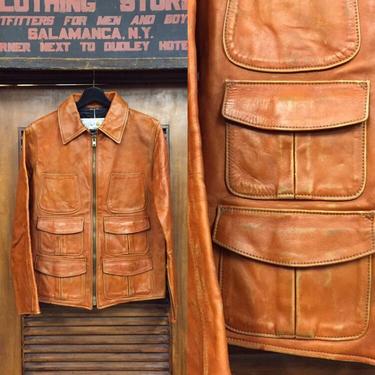 Vintage 1990’s, 1960’s Style East West Brand Aero Leather Jacket, Pilot Jacket, Utility Pockets, Vintage Clothing 