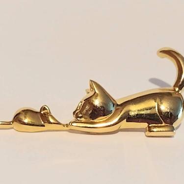 Vintage Costume Jewelry Gold Tone Metal Cat & Mouse Brooch Pin 