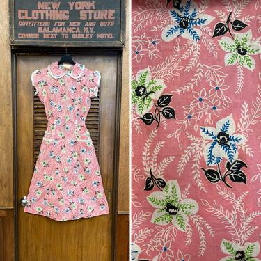 Vintage 1940’s Pink &amp; Black Cotton Floral Print Rockabilly Dress, Floral Print, Vintage 1940s Dress, Rockabilly, Day Dress, Vintage Frock 