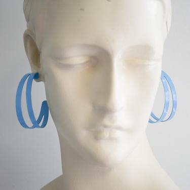1980s Light Blue Painted Metal Double Hoop Pierced Earrings 