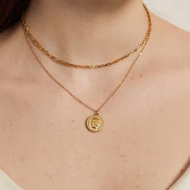 hope gold duo strand coin pendant necklace, Dainty coin chain necklace, gold necklace, coin necklace, medallion necklace, layering choker 