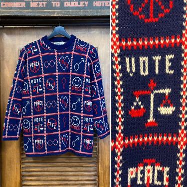 Vintage 1960’s Peace and Love Pop Art Sweater, 60’s Sweater, 60’s Cartoon, 60’s Hippie, 60’s Pop Art, Knit Sweater, Vintage Clothing 