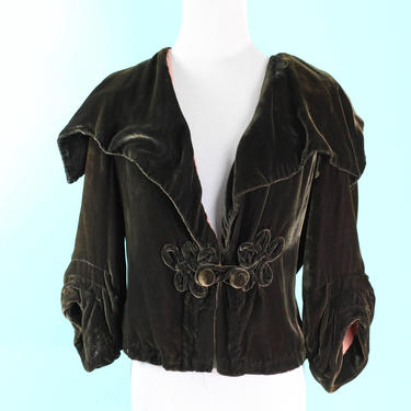 RARE 1930s Art Deco Jacket Brown Silk Velvet Frog Closure Large Collar Size S M 