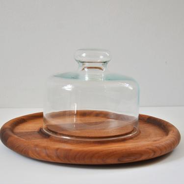 Vintage Danish Modern Teak Cheese Board with Glass Dome by Goodwood 