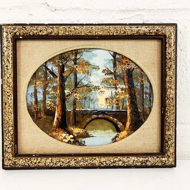 Vintage Framed Original Painting Landscape Green Purple Wood Frame Framed Painted Amateur Folk Art Floral Boho Eclectic Forest 