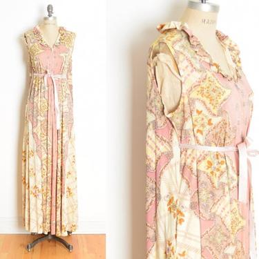 vintage 70s caftan dress pink psychedelic floral print hippie boho trapeze L clothing 