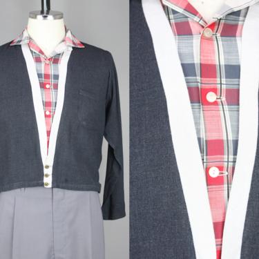 1950s Tri-Tone Shirt | Vintage 50s Long Sleeved Shirt Jac with Plaid Collar Panel | Extra Small 