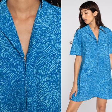 70s Mini Dress Blue Psychedelic Dress 60s Shift Mod Swirl Vintage 1970s Twiggy Gogo Zip Up Short Sleeve Minidress Medium Large 