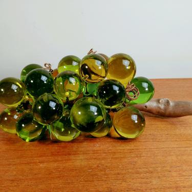 Vintage Large Lucite Grape Cluster | Resin Grapes Wood Branch | Greens 