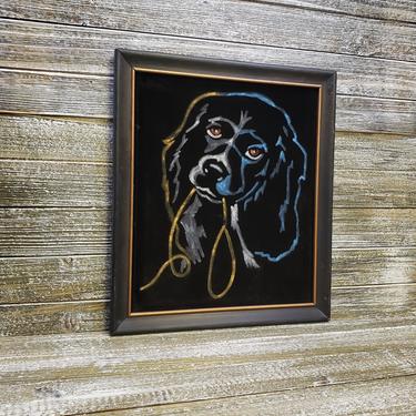 Vintage Black Velvet Painting, Cocker Spaniel Retro Dog w/ Leash Framed Art, Mans Best Friend Painting, Animal Lover, Vintage Home Decor 