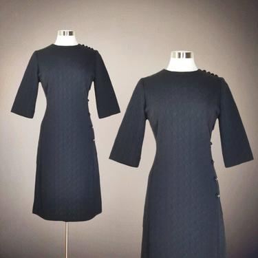 Vintage 60s Black Cocktail Dress, Large / Mod Black A Line Dress / Textured Wide Half Sleeve Dress / 1960s Christmas Party Dress 