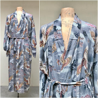 Vintage Japanese Cotton Yukata Kimono, Mid-Century Summer Robe with Hawk and Mountain Print, Made in Japan, Unisex 