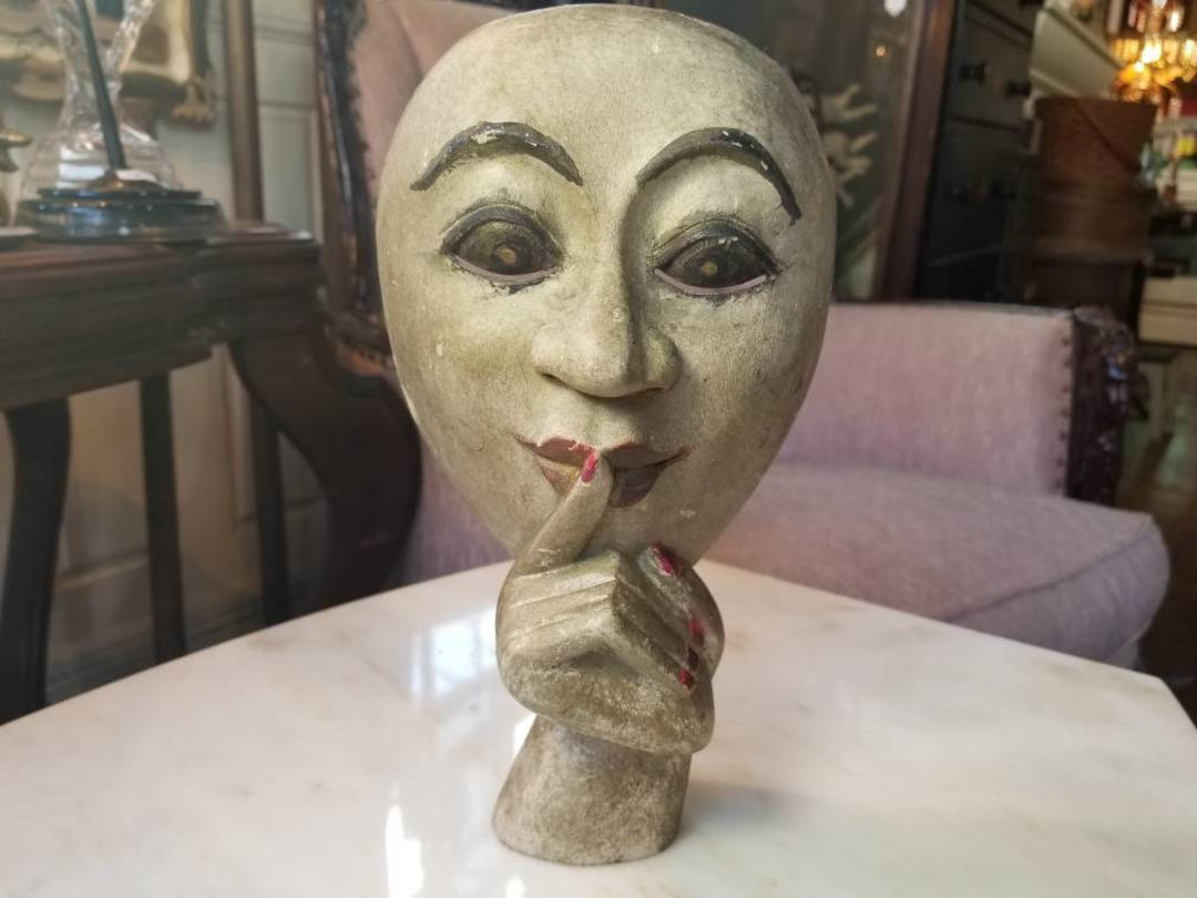 Vintage Wood Folk Art Shh Shush Mask, HandPainted & Hand Carved Memory Hole Vintage