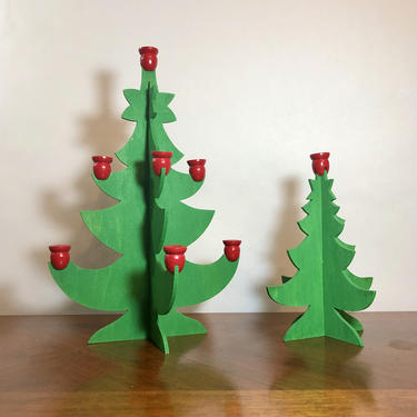 2 Vintage Swedish Wood Christmas Trees with Candle Holders - Painted Green Red, Interlocking, 3D, Flat Pack, Scandinavian Decorations Decor 