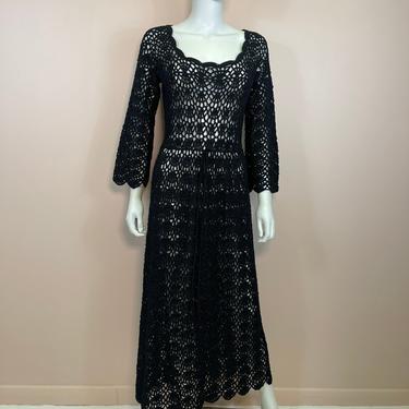 Vtg 1970s black macrame knit see through maxi dress S/M 