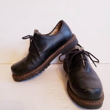 90s dress shoes Vintage 90s Dark Brown Genuine Leather Chunky Heel Platform Shoes