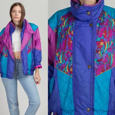 80s Floral Color Block Oversize Ski Jacket - Small | Vintage Women's Puffy Winter Coat 