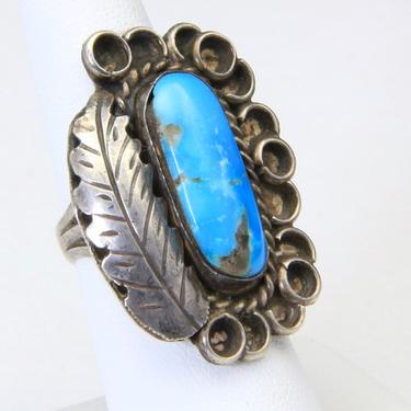 Vintage Sterling Silver &amp; Turquoise Ring Large Face Sz 6.5 Feather Southwestern 